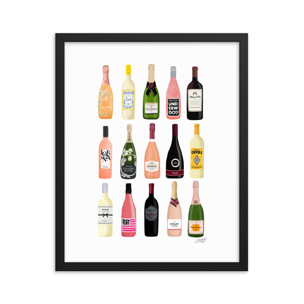 Illustration de bouteilles de vin et de champagne - Impression mate encadrée