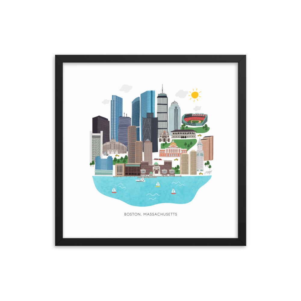 Boston Skyline Illustration - Impression mate encadrée