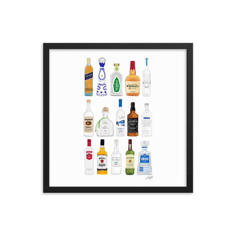 Whiskey, Tequila and Vodka Bottles Illustration - Framed Matte Print