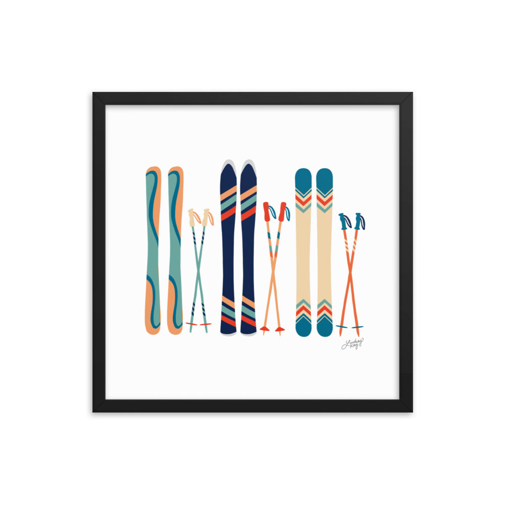 Ski's Illustration (Teal/Blue/Orange Palette) - Framed Landscape Art Print