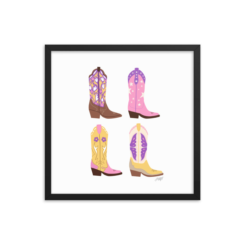Illustration de bottes de cowboy (palette rose/violet/jaune) - Impression mate encadrée