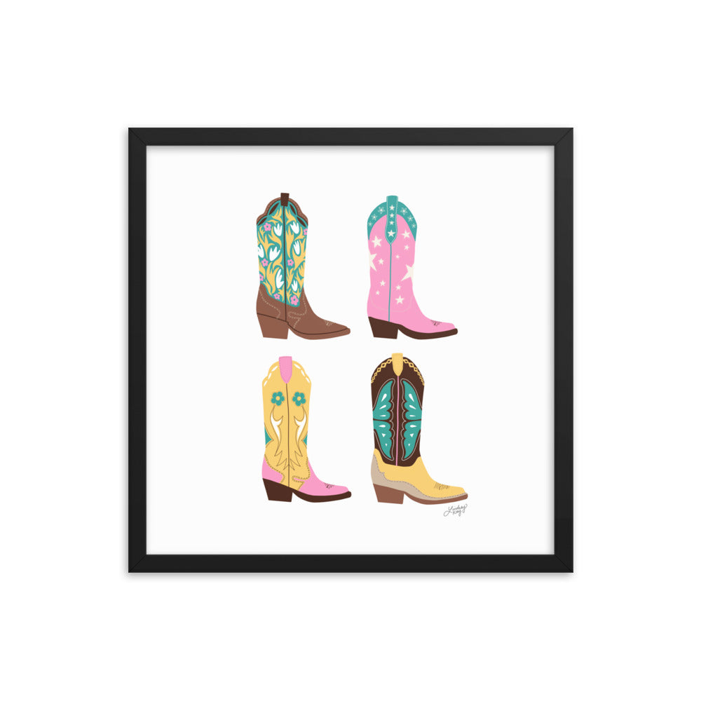 Ilustración de botas de vaquero (paleta rosa/amarillo/turquesa) - Impresión mate enmarcada