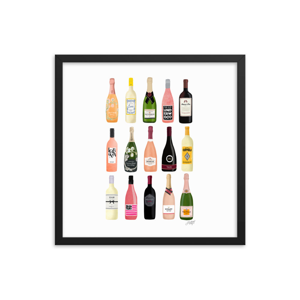 Illustration de bouteilles de vin et de champagne - Impression mate encadrée