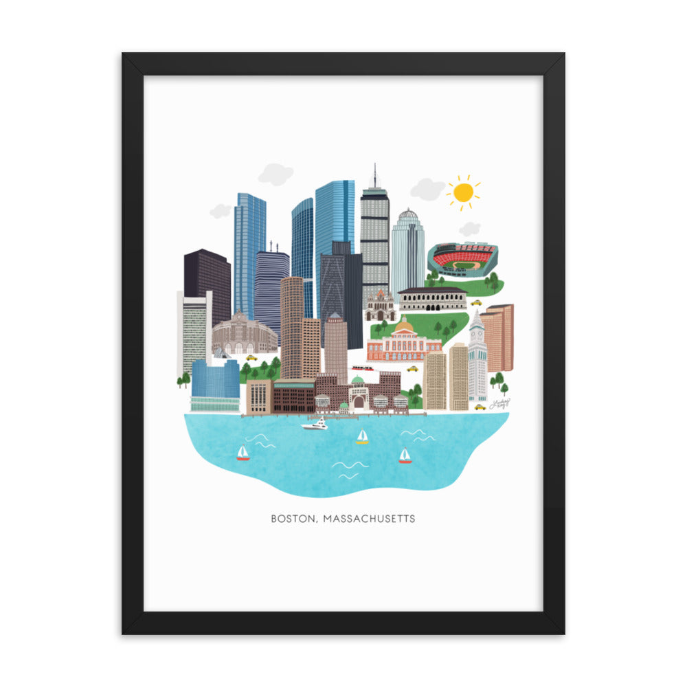 Boston Skyline Illustration - Impression mate encadrée