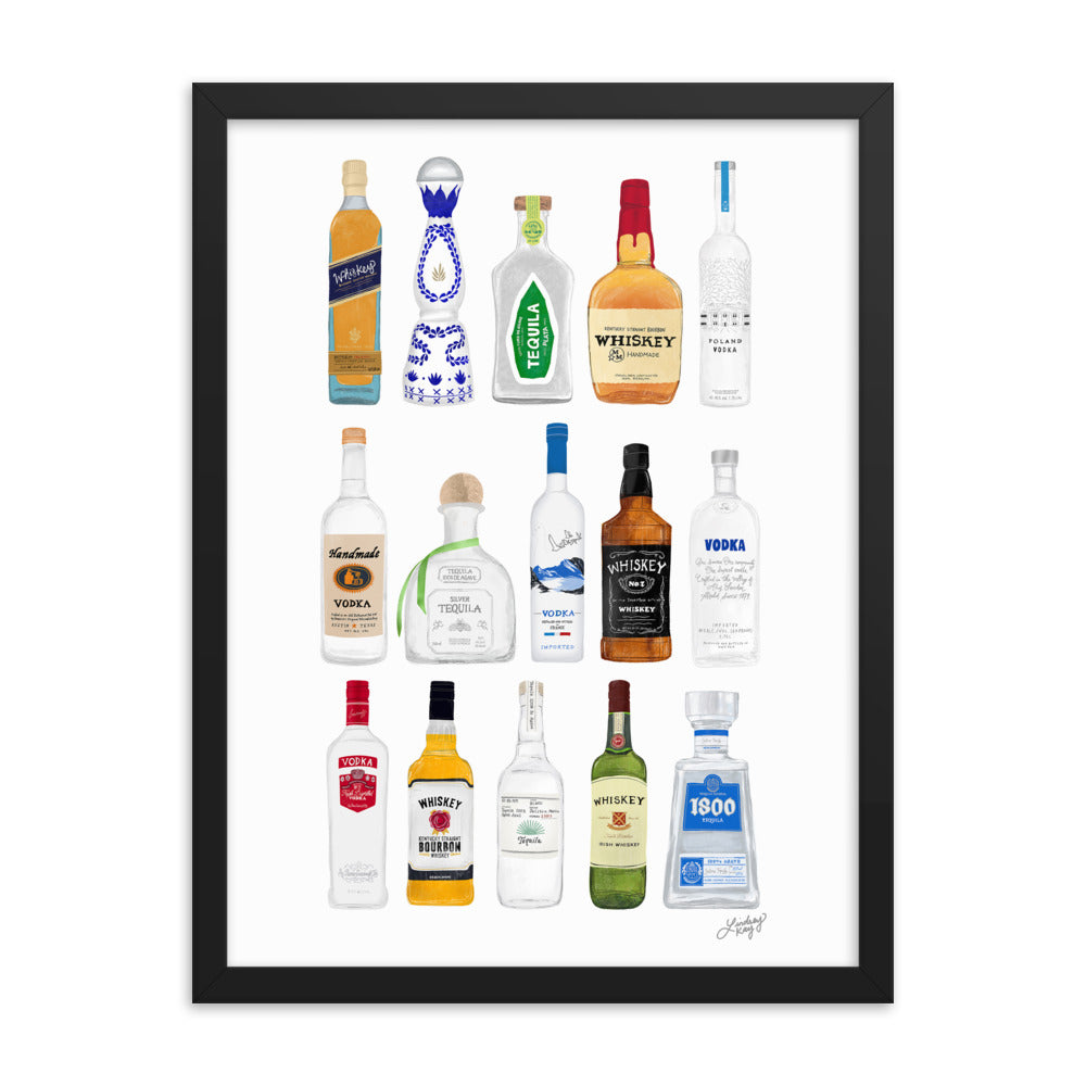 Whiskey, Tequila and Vodka Bottles Illustration - Framed Matte Print