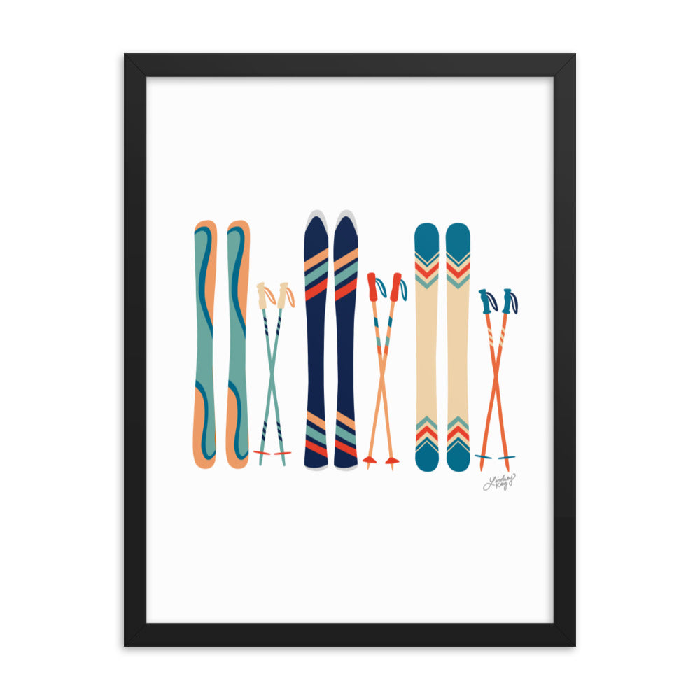 Illustration de ski (palette bleu sarcelle/bleu/orange) - Impression artistique encadrée