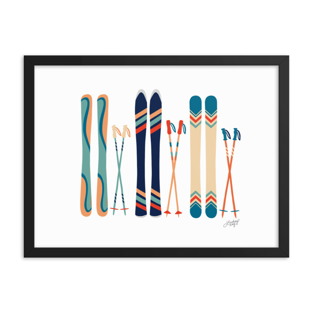 Illustration de ski (palette bleu sarcelle/bleu/orange) - Impression d'art paysager encadrée