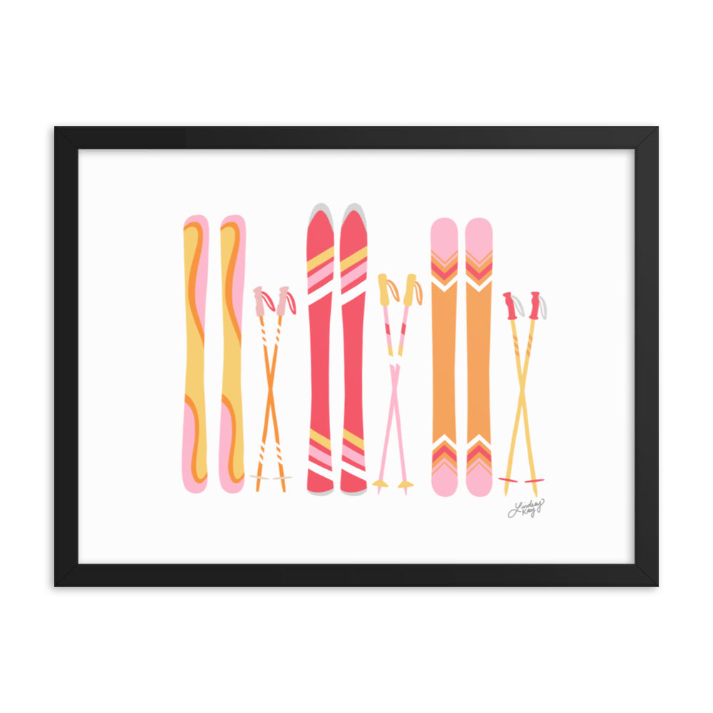 Illustration de ski (palette chaude) - Impression d’art paysager encadrée