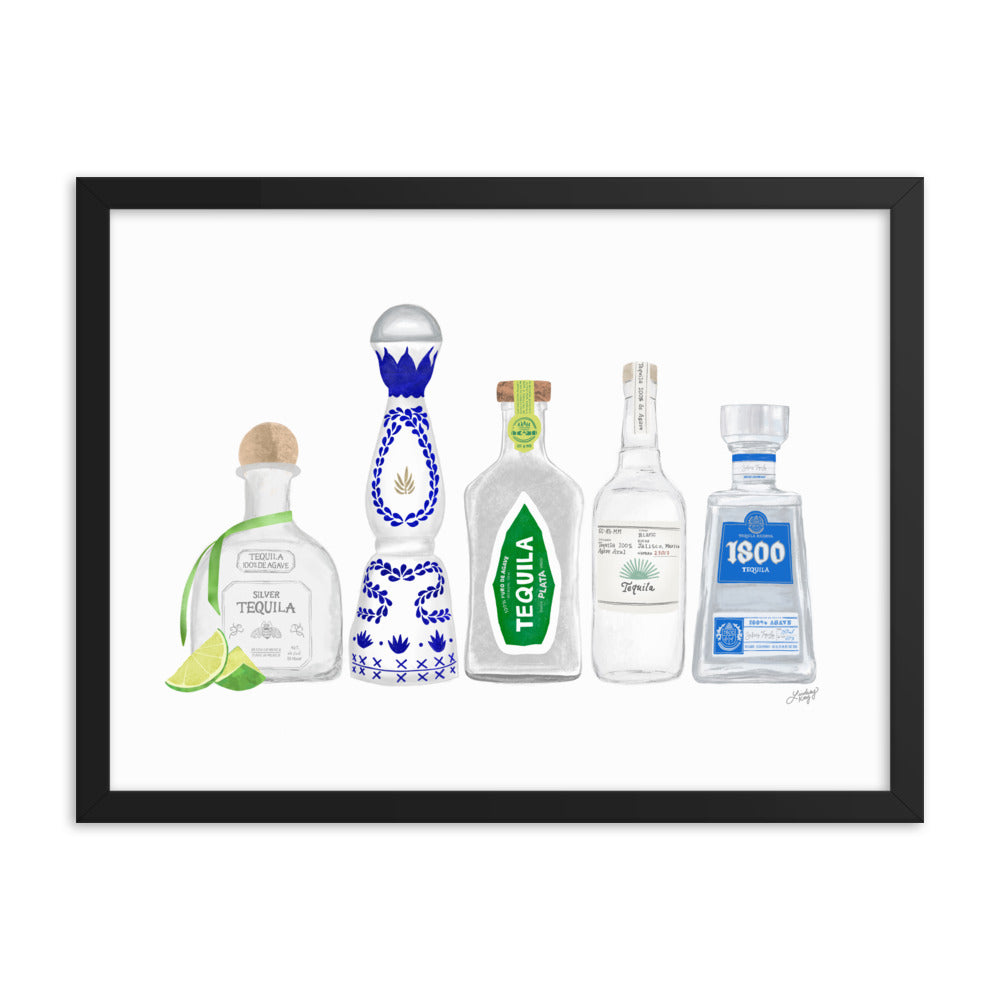 Ilustración de botellas de tequila - Impresión mate enmarcada