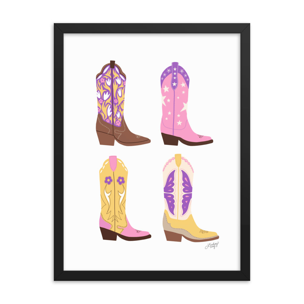 Illustration de bottes de cowboy (palette rose/violet/jaune) - Impression mate encadrée