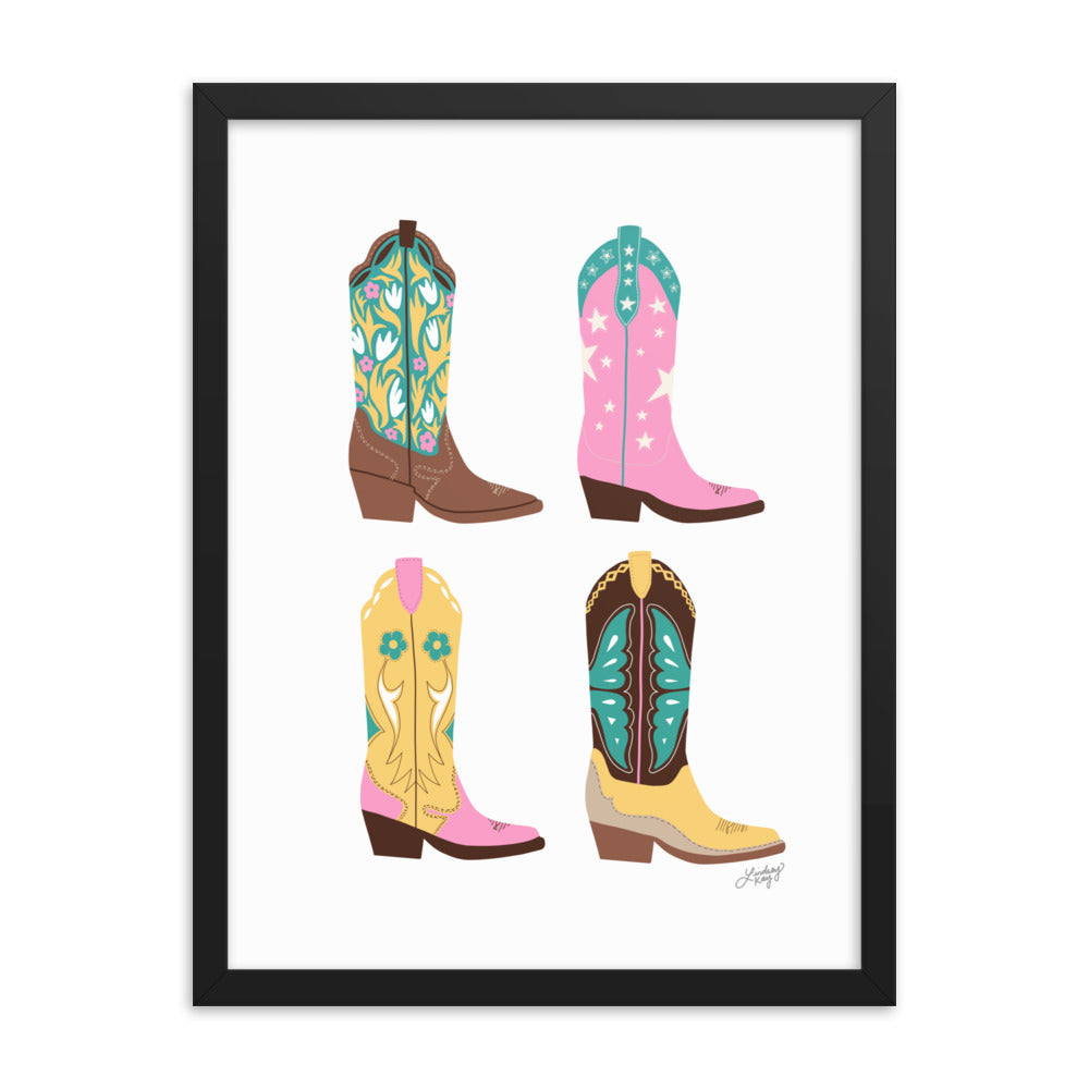 Ilustración de botas de vaquero (paleta rosa/amarillo/turquesa) - Impresión mate enmarcada