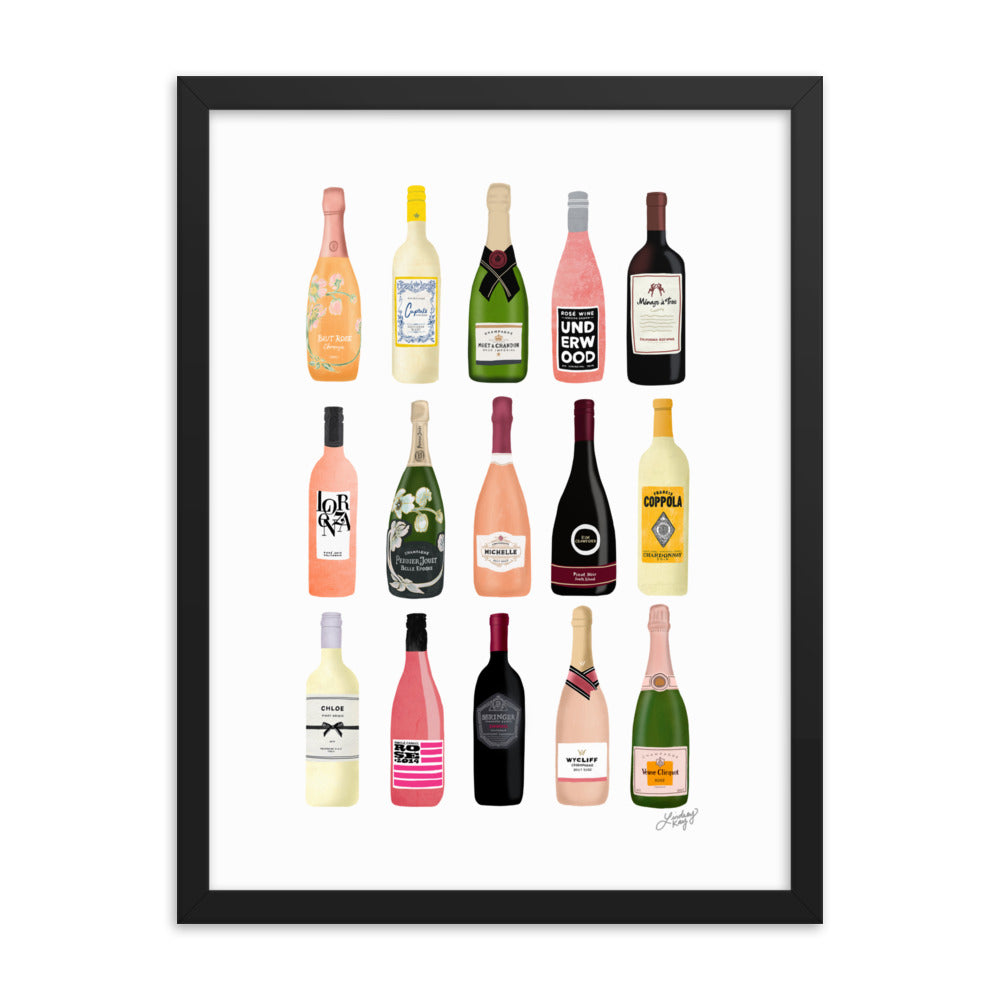 Illustration de bouteilles de vin et de champagne - Impression mate encadrée