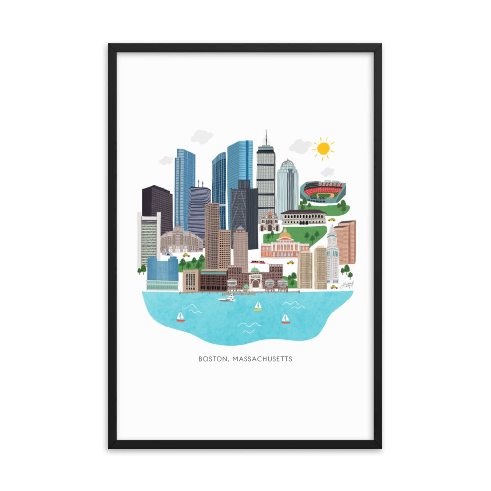 Boston Skyline Illustration - Impression mate encadrée