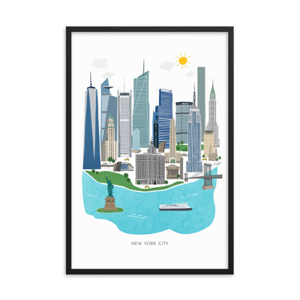 Ilustración de la ciudad de Nueva York - Impresión de arte mate enmarcada
