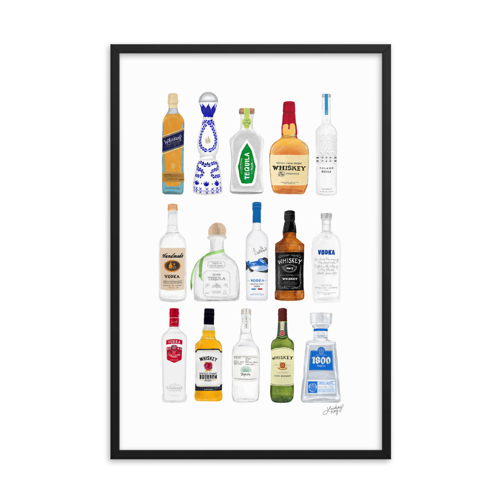 Whiskey, Tequila and Vodka Bottles Illustration - Framed Matte Print