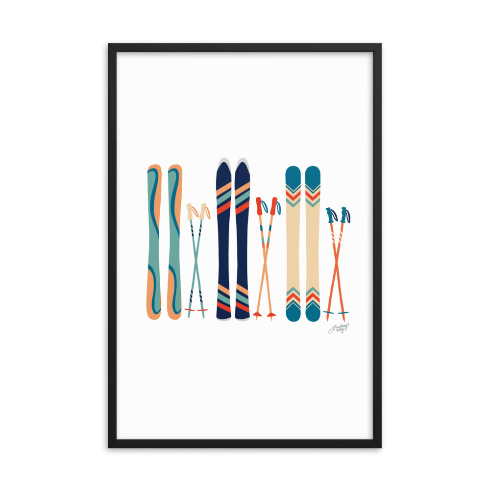 Illustration de ski (palette bleu sarcelle/bleu/orange) - Impression artistique encadrée