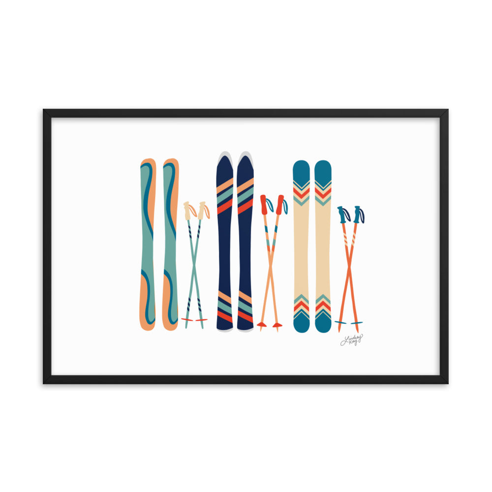 Ilustración de esquí (paleta verde azulado/naranja) - Impresión de arte paisajístico enmarcado