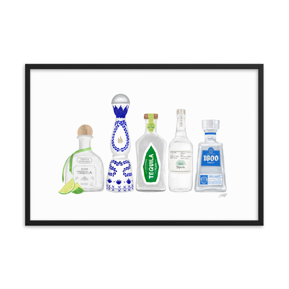 Ilustración de botellas de tequila - Impresión mate enmarcada