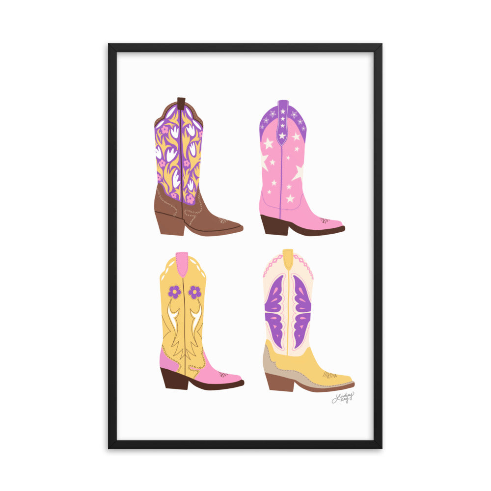 Illustration de bottes de cowboy (palette rose/violet/jaune) - Impression mate encadrée
