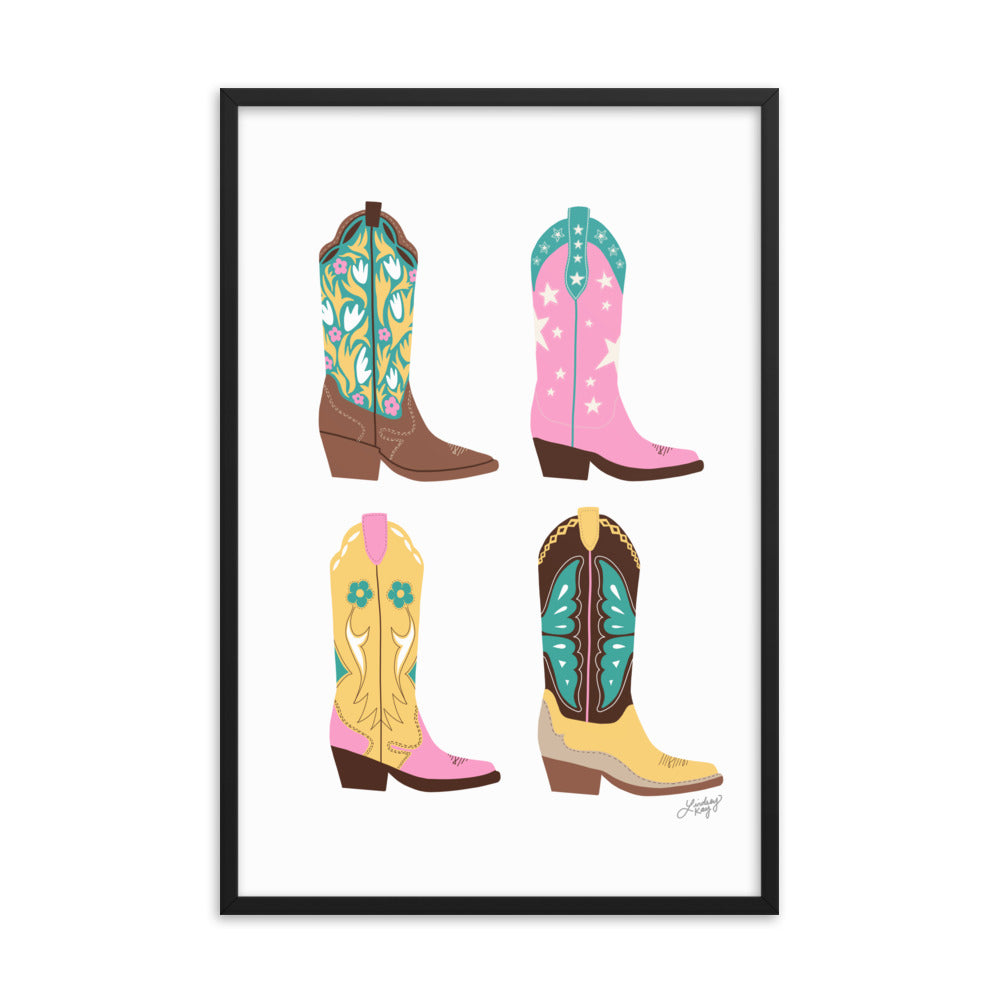 Ilustración de botas de vaquero (paleta rosa/amarillo/turquesa) - Impresión mate enmarcada