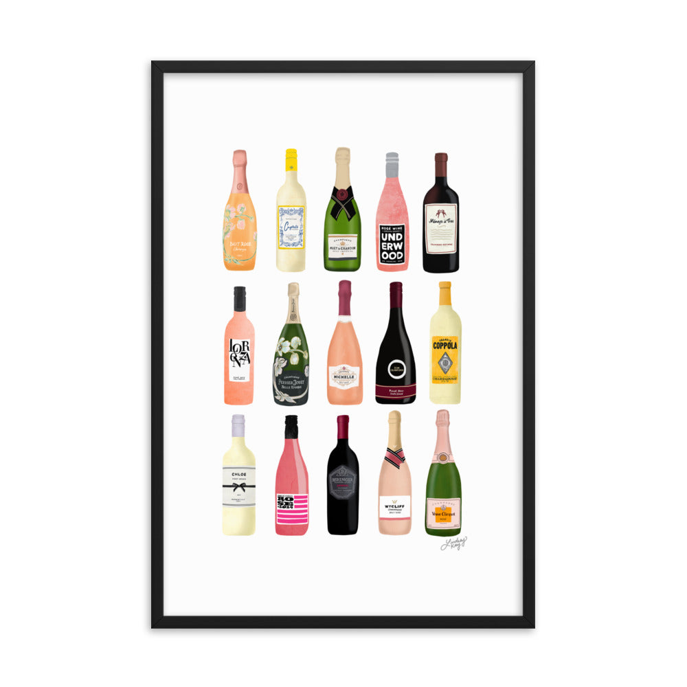 Illustration de bouteilles de vin et de champagne - Impression mate encadrée
