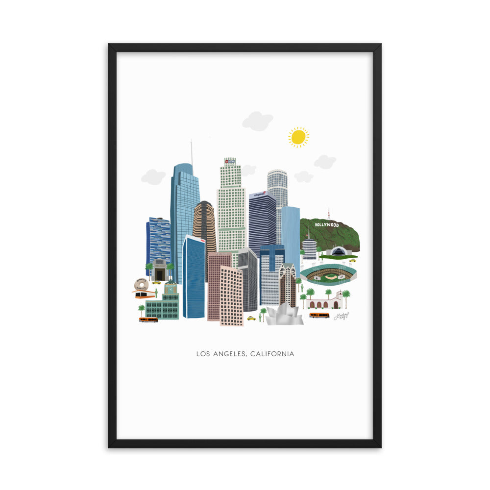 Framed hand-illustrated Los Angeles skyline art print on matte paper, available in white, black, or brown wood frame, modern LA cityscape wall decor.
