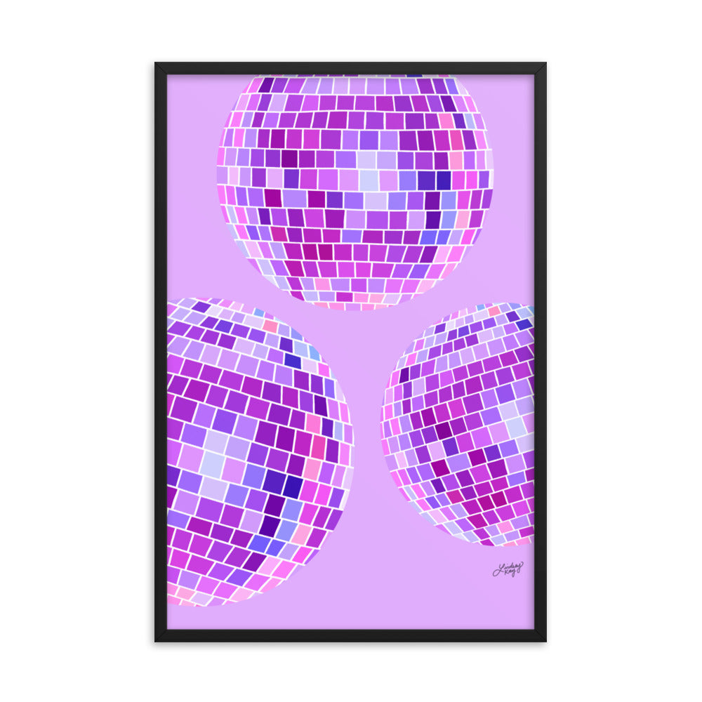 Ilustración de bolas de discoteca (paleta púrpura) - Impresión mate enmarcada