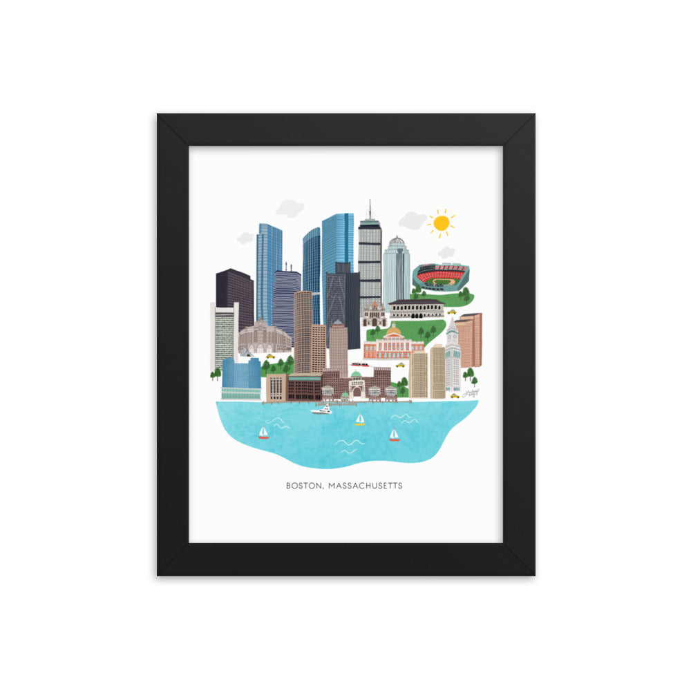 Boston Skyline Illustration - Impression mate encadrée