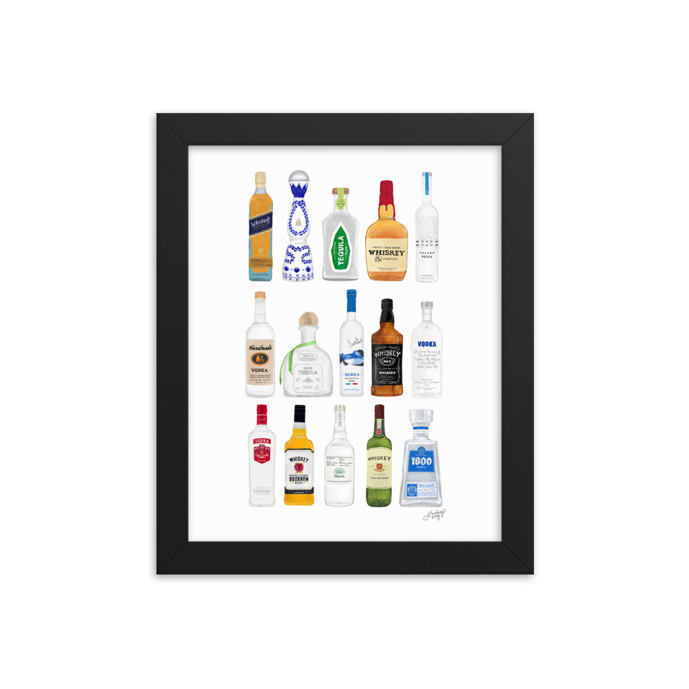 Whiskey, Tequila and Vodka Bottles Illustration - Framed Matte Print