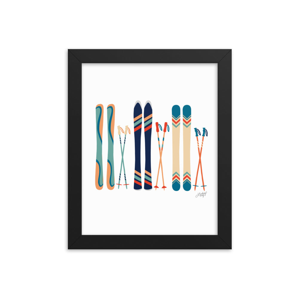 Illustration de ski (palette bleu sarcelle/bleu/orange) - Impression artistique encadrée