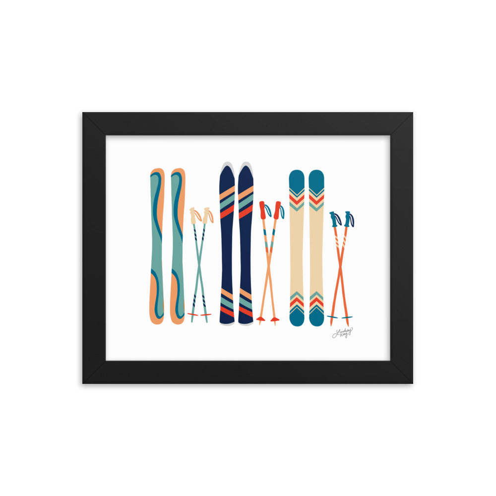 Illustration de ski (palette bleu sarcelle/bleu/orange) - Impression d'art paysager encadrée