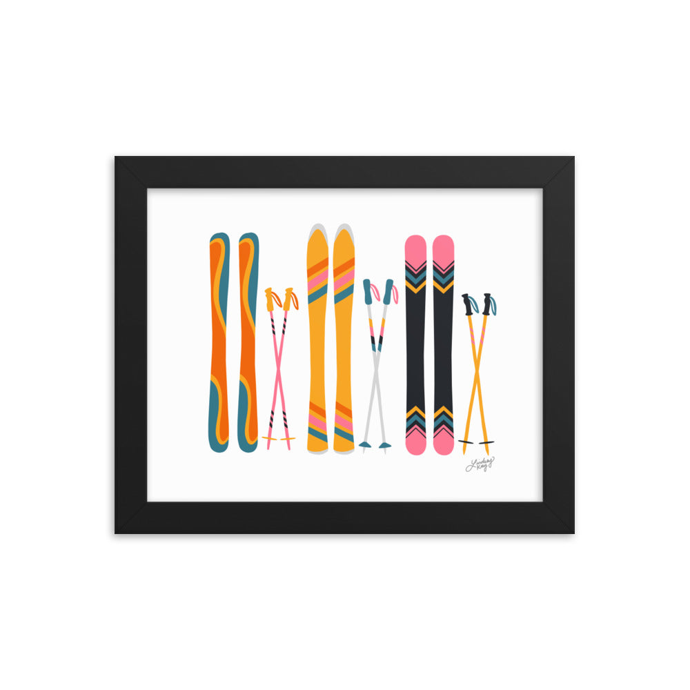 Ilustración de esquí (paleta retro) - Impresión de arte paisajístico enmarcado