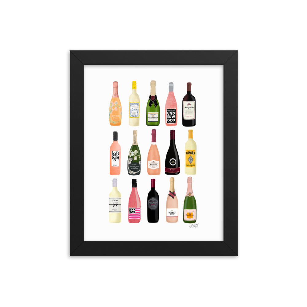 Illustration de bouteilles de vin et de champagne - Impression mate encadrée