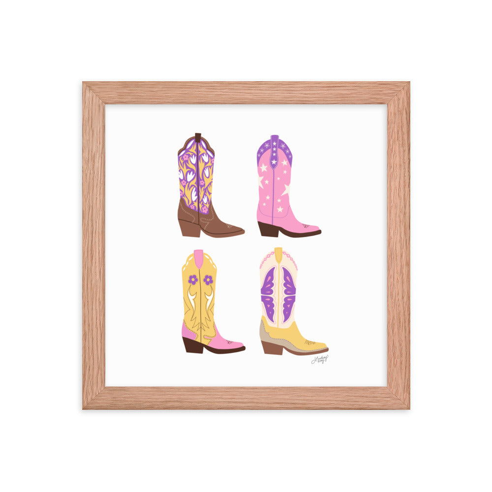 Illustration de bottes de cowboy (palette rose/violet/jaune) - Impression mate encadrée