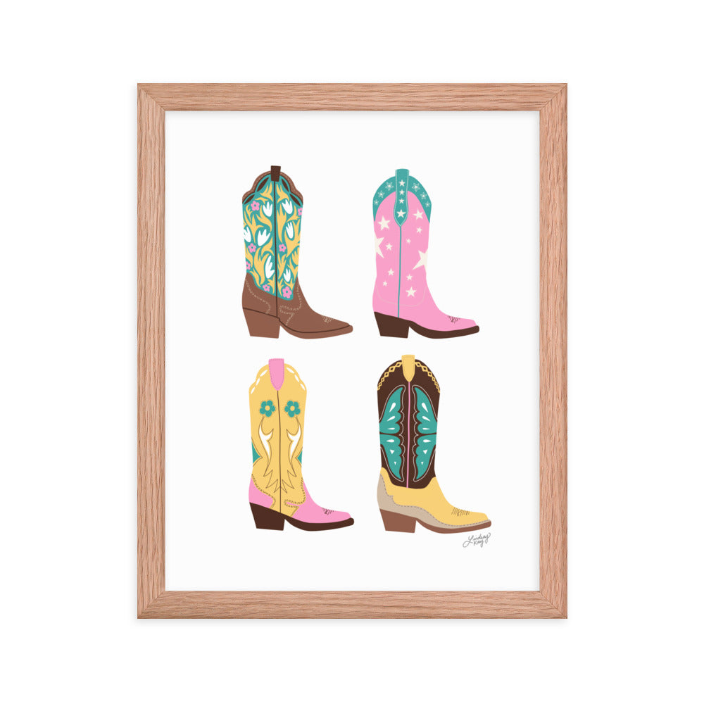Ilustración de botas de vaquero (paleta rosa/amarillo/turquesa) - Impresión mate enmarcada