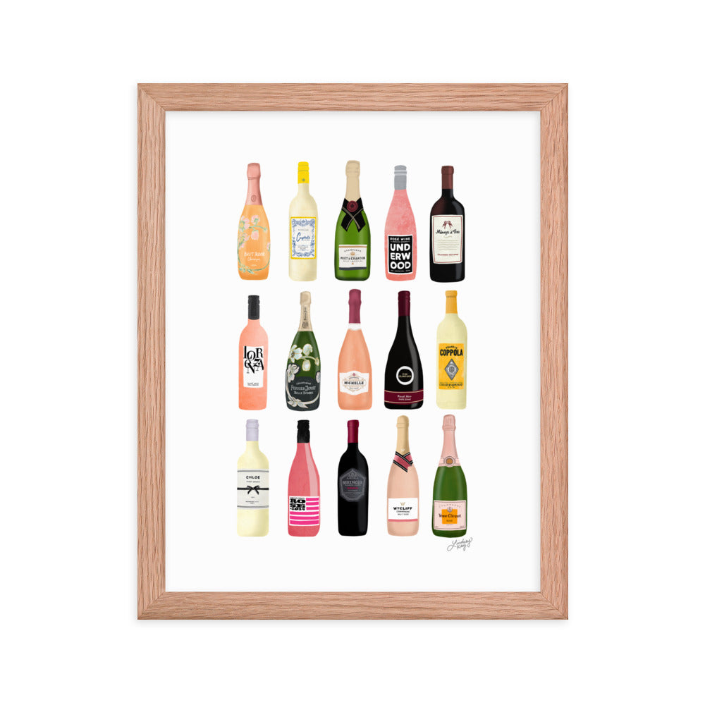 Illustration de bouteilles de vin et de champagne - Impression mate encadrée