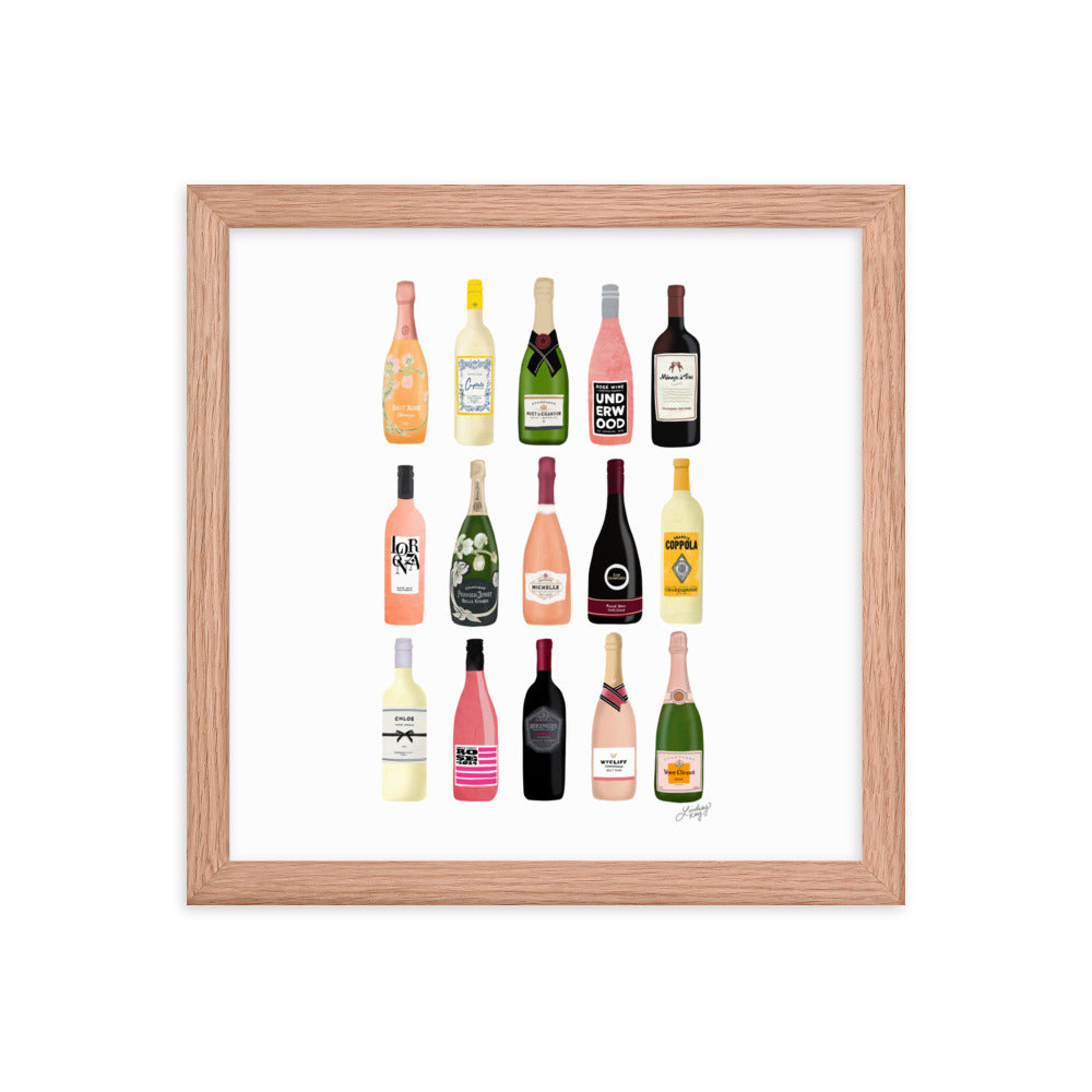 Illustration de bouteilles de vin et de champagne - Impression mate encadrée