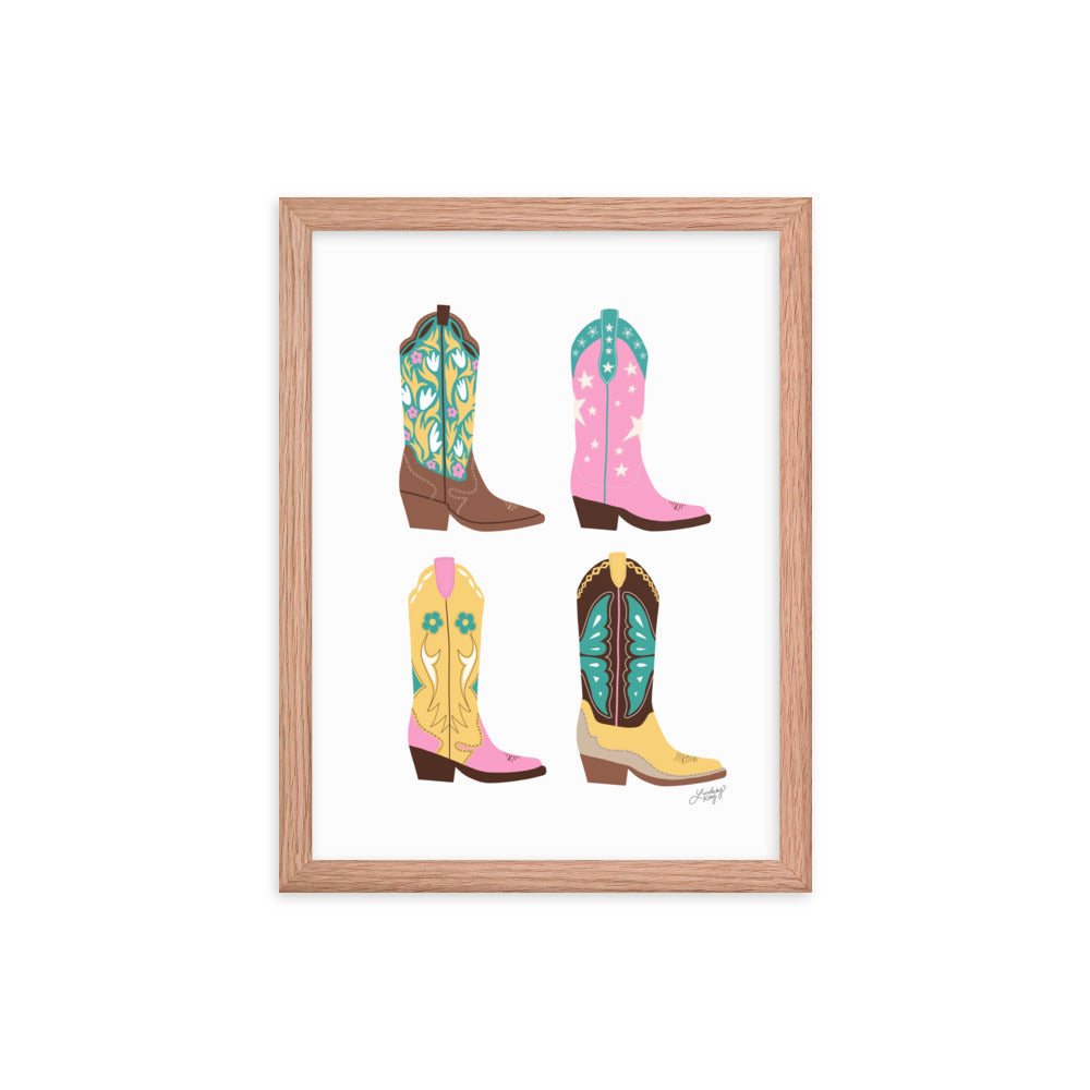 Ilustración de botas de vaquero (paleta rosa/amarillo/turquesa) - Impresión mate enmarcada