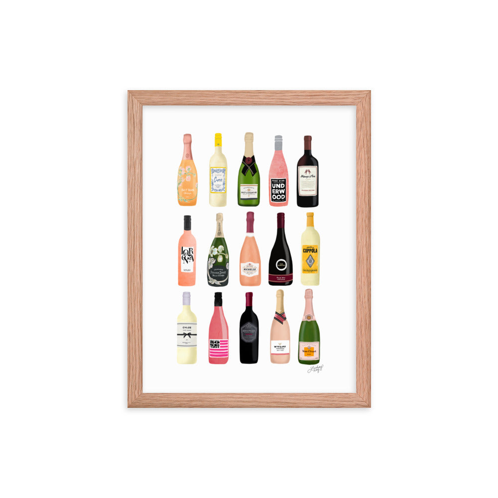 Illustration de bouteilles de vin et de champagne - Impression mate encadrée