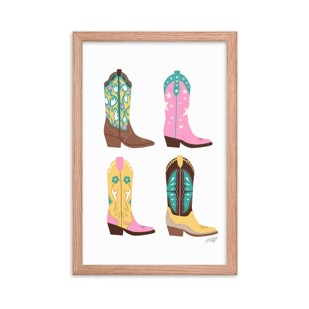 Ilustración de botas de vaquero (paleta rosa/amarillo/turquesa) - Impresión mate enmarcada