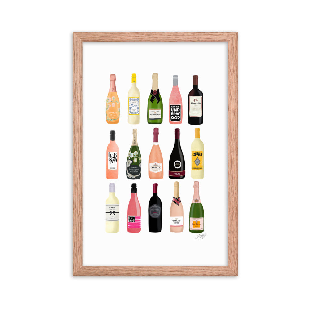 Illustration de bouteilles de vin et de champagne - Impression mate encadrée