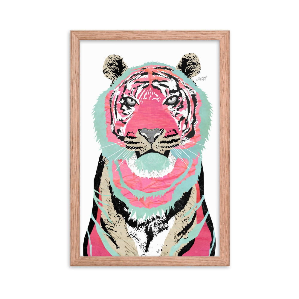 Framed pink and teal tiger collage art print, hand-illustrated animal design printed on matte paper and ready to hang