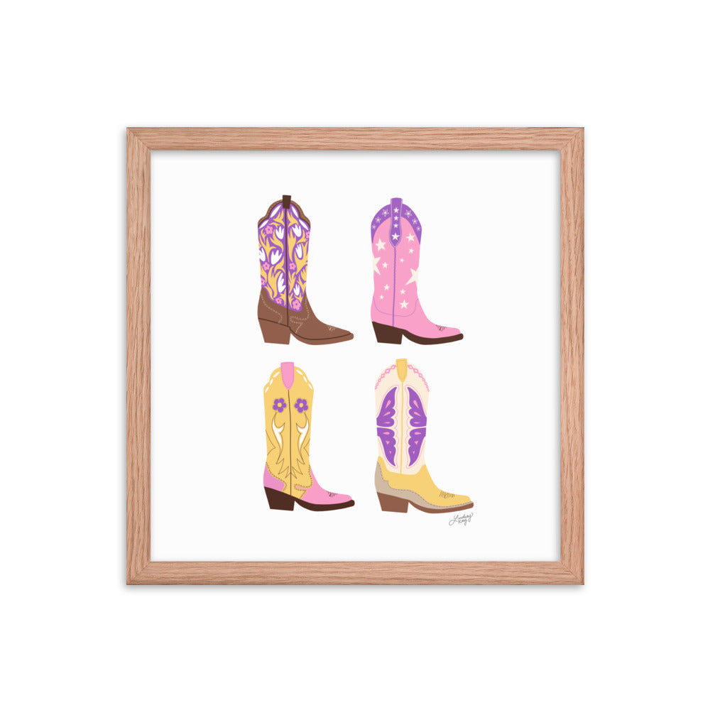 Illustration de bottes de cowboy (palette rose/violet/jaune) - Impression mate encadrée