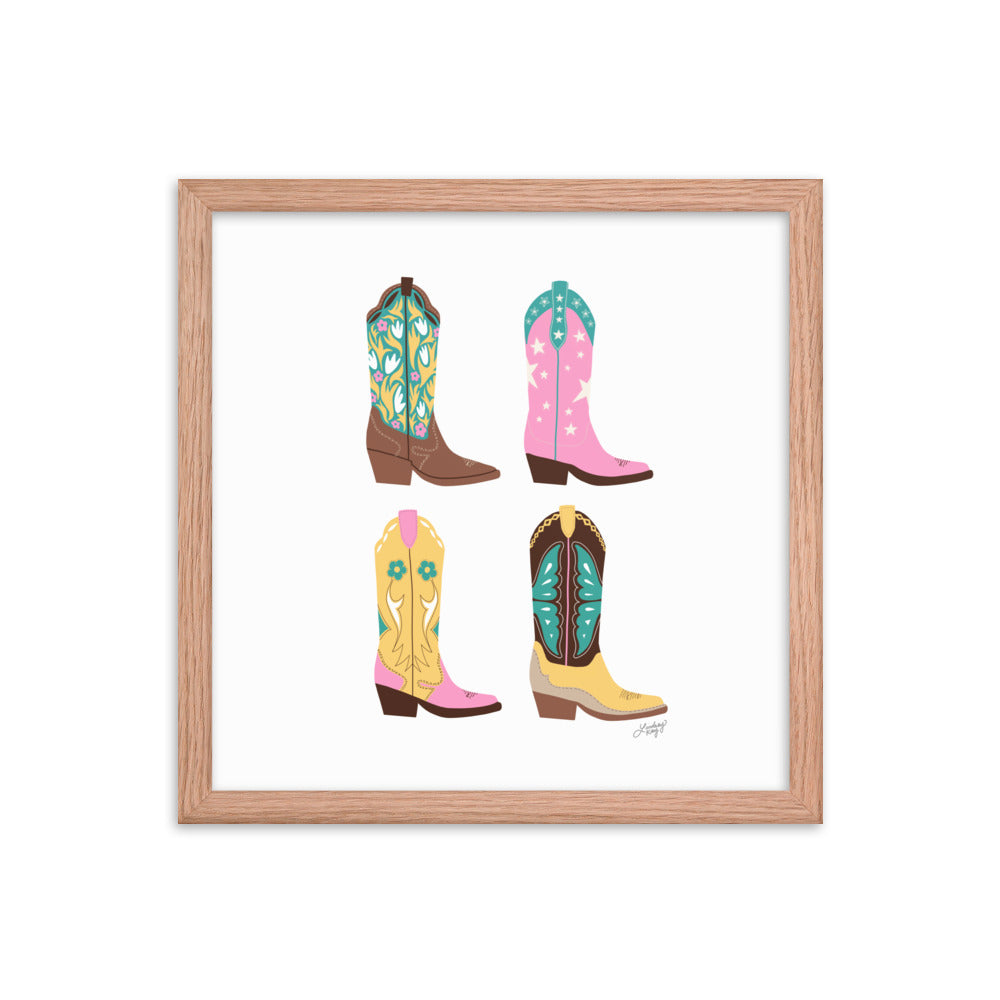 Ilustración de botas de vaquero (paleta rosa/amarillo/turquesa) - Impresión mate enmarcada