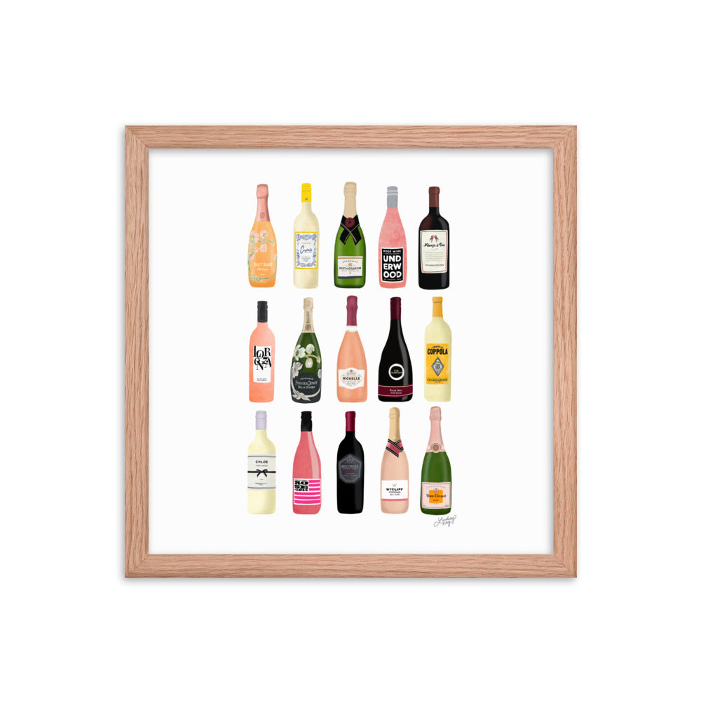 Illustration de bouteilles de vin et de champagne - Impression mate encadrée