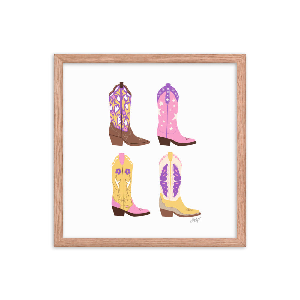 Illustration de bottes de cowboy (palette rose/violet/jaune) - Impression mate encadrée