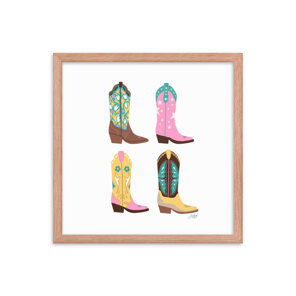 Ilustración de botas de vaquero (paleta rosa/amarillo/turquesa) - Impresión mate enmarcada