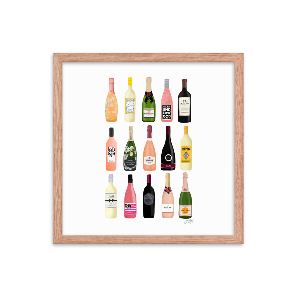Illustration de bouteilles de vin et de champagne - Impression mate encadrée