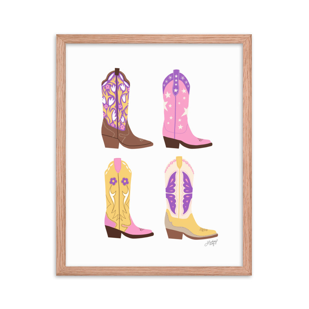 Illustration de bottes de cowboy (palette rose/violet/jaune) - Impression mate encadrée