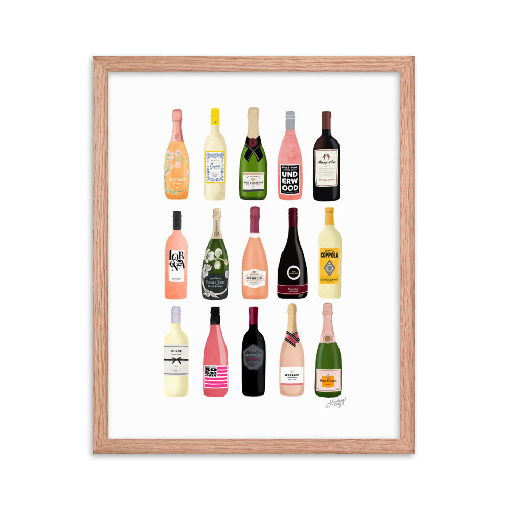 Illustration de bouteilles de vin et de champagne - Impression mate encadrée